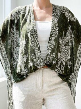 Boho Paisley Kimono Duster Green White Open Front Caftan Oversized Resort Cover